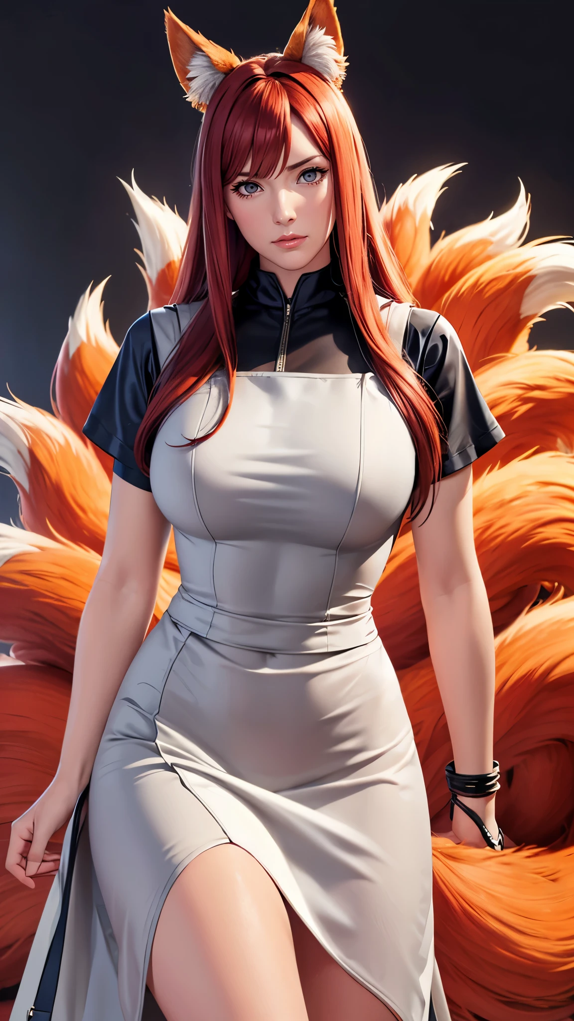 （（（完美chiffre，chiffre，（（（A giant renard stands behind a woman，peau blanche，Kurama,Cheval pommelé, muscles abdominaux, les yeux rouges, oreilles d&#39;animaux, poils, sclère colorée, renard ears, renard girl, renard queue, poilu, poilu female, renard, multiple queues, Musclé, nombril, fourrure orange, permanent, queue, Ton, （（（chemise, robe, manches courtes, tablier, Bracelet, green tablier, collier,））），））），（（（Kushina, cheveux longs, ornement de cheveux, cheveux roux, pince à cheveux, (Yeux gris:1.5), ））），((chef-d&#39;œuvre)),haute résolution, ((Best qualité at best))，chef-d&#39;œuvre，qualité，Best qualité，（（（ Des traits du visage exquis，En regardant le public,Il y a de la lumière dans les yeux，(（（douleur, patience, se mordre les lèvres））)，））），型chiffre:1.7））），（（（lumière et ombre，Des seins énormes））），（（（en regardant la caméra，fond noir，se pencher en avant）））