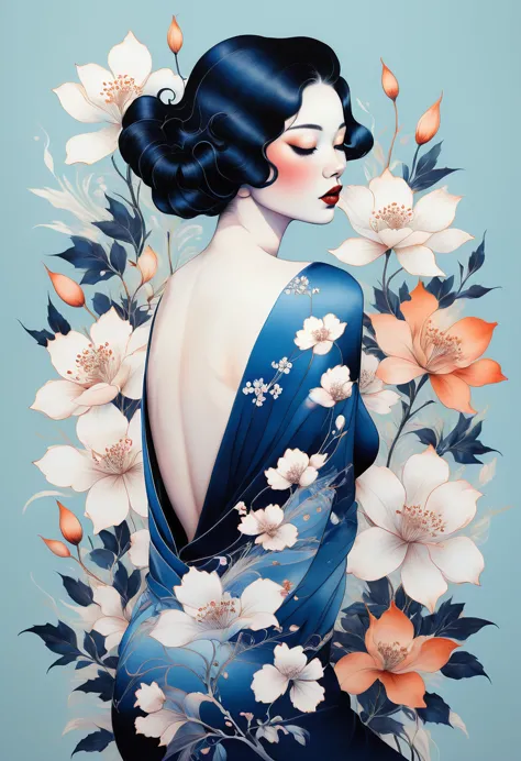 chiaroscuro technique on sensual illustration of an elegant , retro and vintage ,silky flower around body, matte painting, by ha...