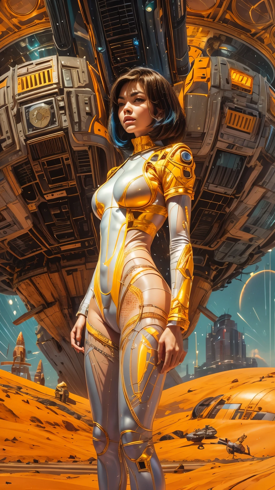 arafed image of a woman in a futuristic suit with a spaceship in the background, movie art, in front of an orange background, inspired by Robert McGinnis, female protagonist, megastructure in the background, portrait of an ai astronaut, astronauts, an astronaut, portrait of a astronaut skeletor, perfect android girl, frank franzzeta and sakimichan  