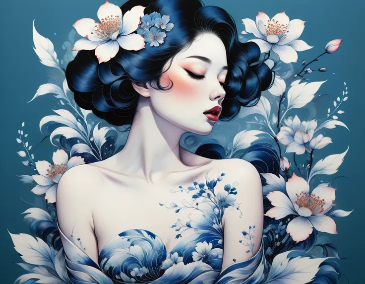 chiaroscuro technique on sensual illustration of an elegant , retro and vintage ,silky flower around body, matte painting, by ha...