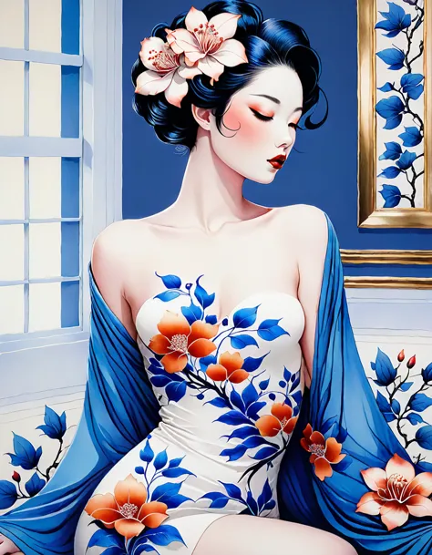 chiaroscuro technique on sensual illustration of an elegant , retro and vintage ,silky flower around body, matte painting, by ha...