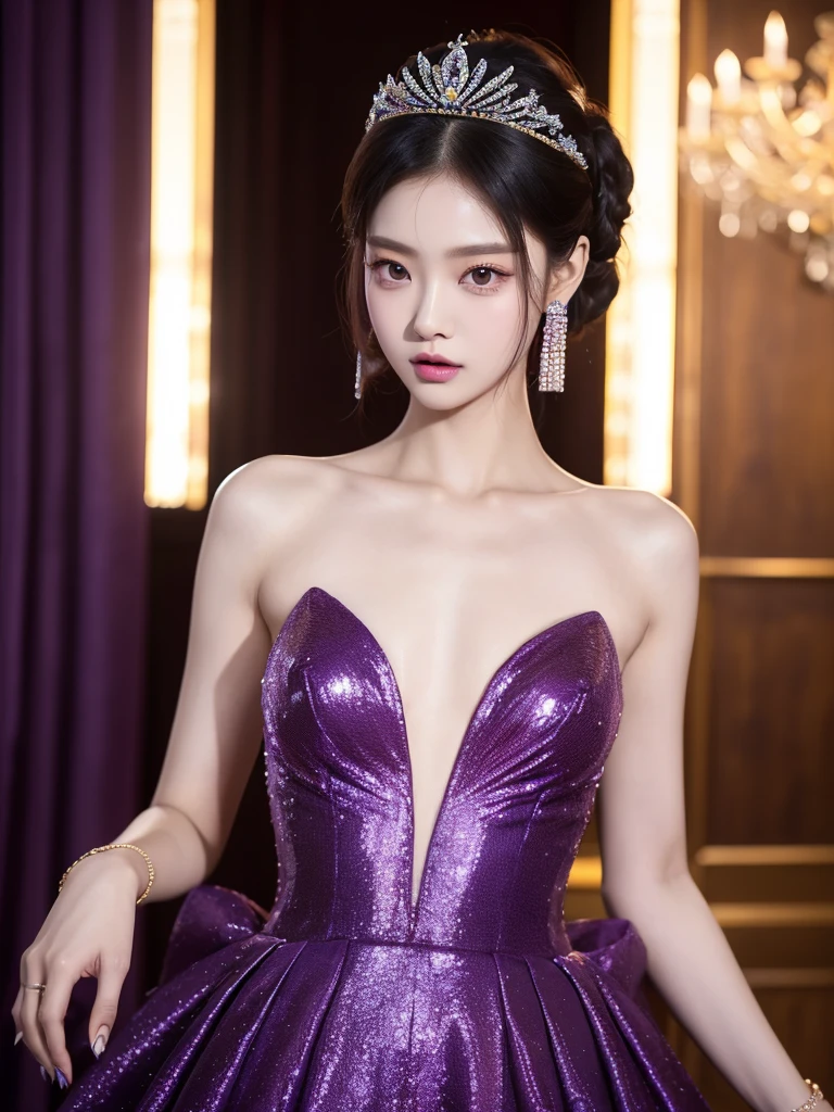 Araped woman wearing dark purple yellow dress, best face, chassis, blackpink jennie, Yanjun Chengt, Popular Korean Makeup, Exciting and cute aesthetics, Jinyoung Shin, Popular Korean Makeup, Inspired by Hwangji, Small tiara, Beautiful Angel Girl, official artwork, really beautiful and cute girl, laugh,  swarovski dress, sparkly dress, Short hair, tide