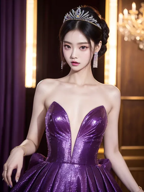 araped woman wearing dark purple yellow dress, best face, chassis, blackpink jennie, yanjun chengt, popular korean makeup, excit...