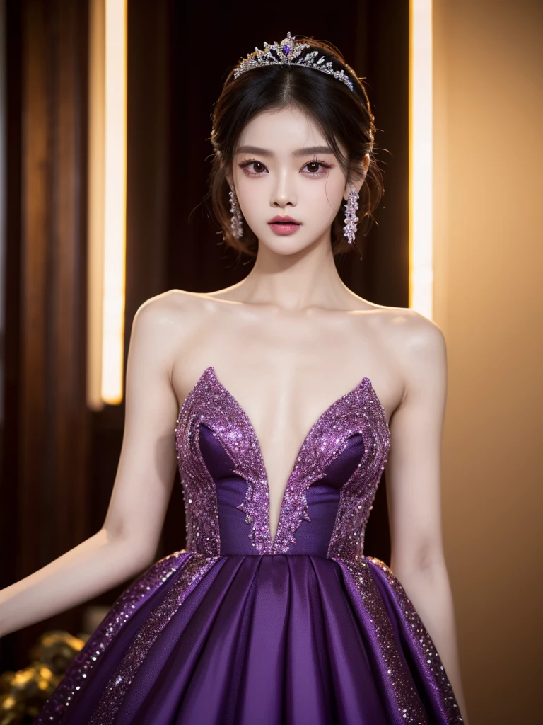 Araped woman wearing dark purple yellow dress, best face, chassis, blackpink jennie, Yanjun Chengt, Popular Korean Makeup, Exciting and cute aesthetics, Jinyoung Shin, Popular Korean Makeup, Inspired by Hwangji, Small tiara, Beautiful Angel Girl, official artwork, really beautiful and cute girl, laugh,  swarovski dress, sparkly dress, Short hair, tide