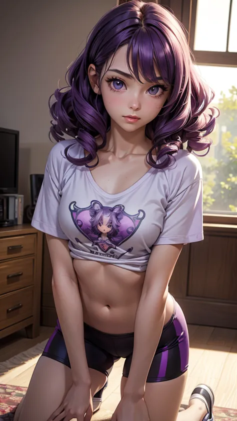 (masterpiece), (best quality), (detailed), light layer, 1solo girl, young girl, perfect body, purple hair in curls, defined larg...