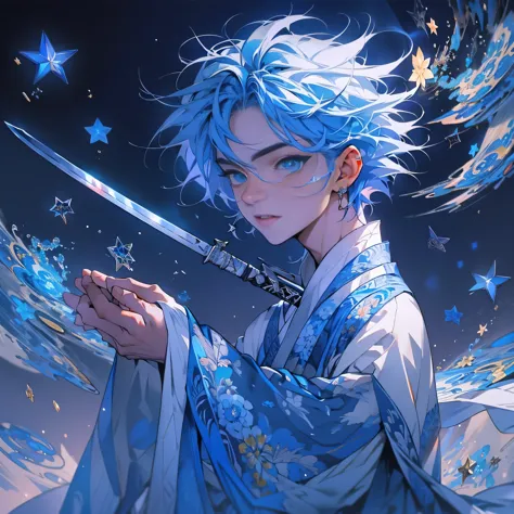 Tall and handsome little boy with blue hair and blue eyes，Stand on the edge of the dream space, Holding a blue and white knife，E...