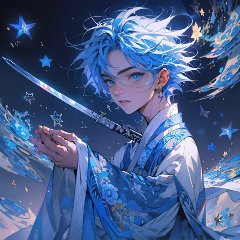 tall and handsome little boy with blue hair and blue eyes，stand on the edge of the dream space, holding a blue and white knife，e...