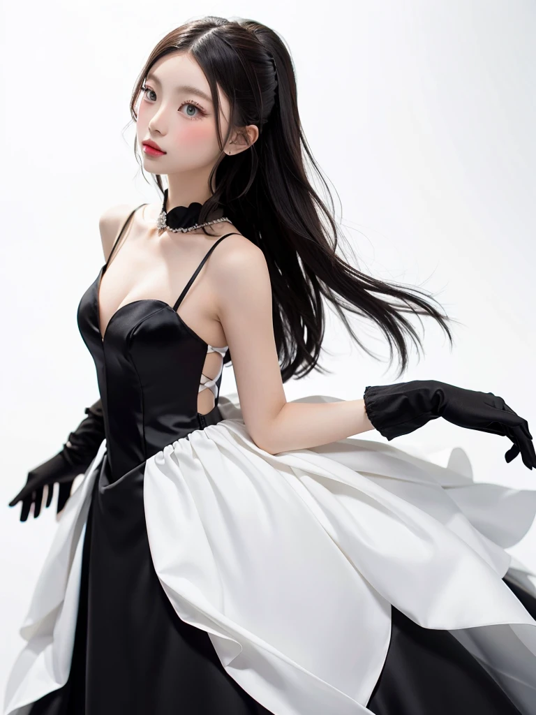 (masterpiece), best quality, 1 woman, black formal dress, white background, 