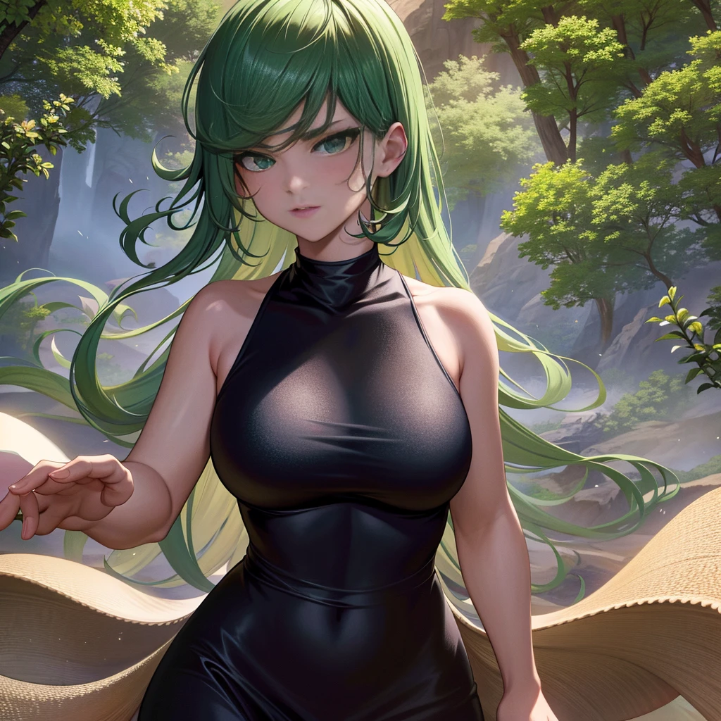 ultra realistic 8k cg, masterpiece, ((ultra detailed background, delicate pattern, intricate detail)), (highly detailed, fine details), best quality, (photorealistic:1.4),beautiful lighting, absurdres, RAW photo, film grain, 1girl, solo, tatsumaki, ((big breasts, black dress)), fine art, (short green hair), (green eyes), (outside, daytime, windy, light rays), soft light, action scene, seducing face,