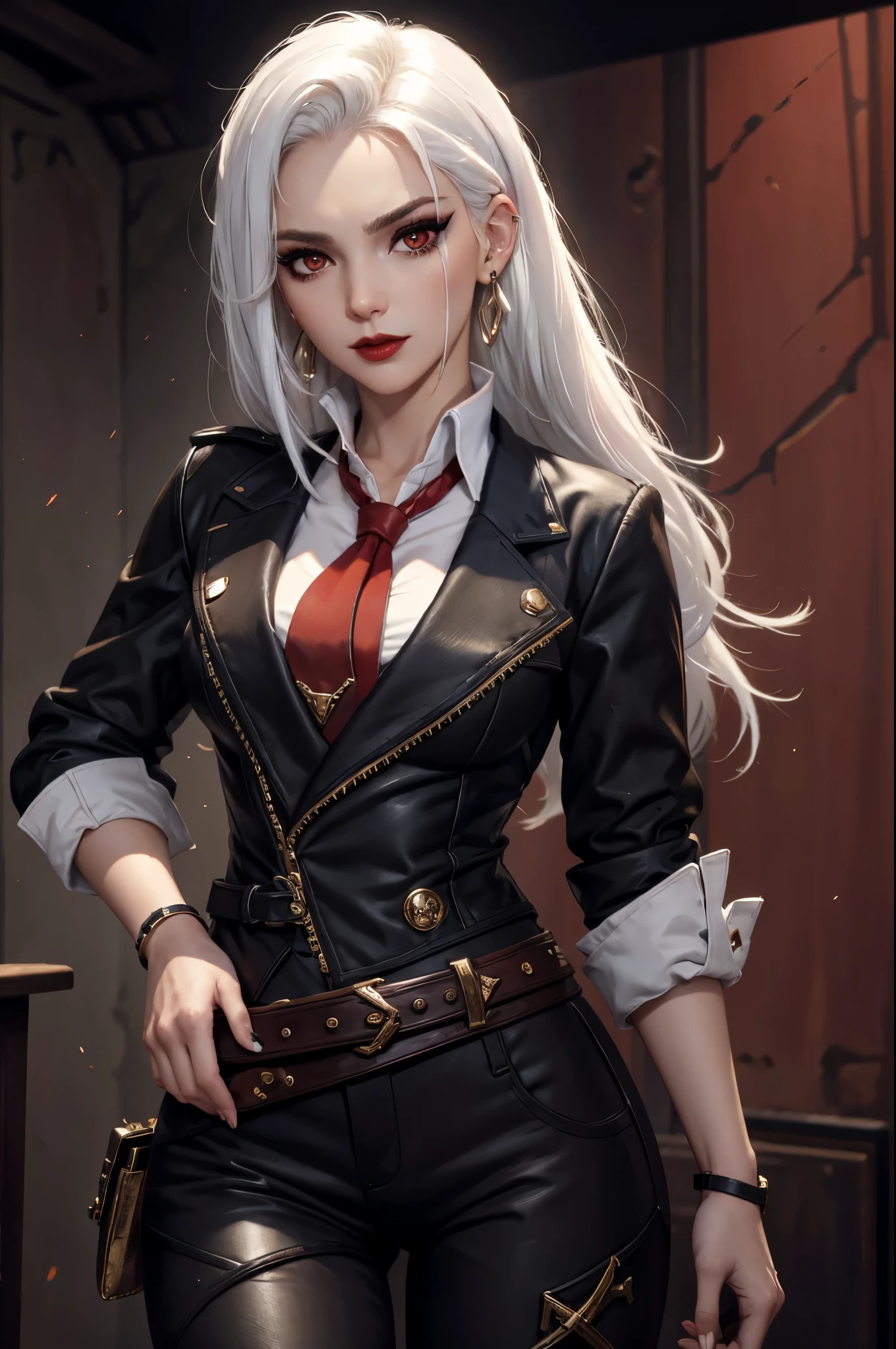 (masterpiece, best quality:1.2), expressive eyes, perfect face, highres, 1girl, solo, AsheOver, mole, earrings, red eyes, white hair, jewelry, makeup, lipstick, necktie, red necktie, thigh strap, black gloves, belt, stud earrings, red lips, shirt, pants, lips, eyeshadow, standing, cowboy shot, looking at the viewer