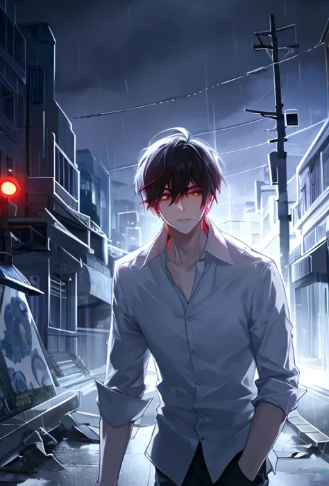 1boy, city lights, dress shirt, jacket, neon lights, night, power lines, rain, red light, road, short hair, wuyegang, upper body