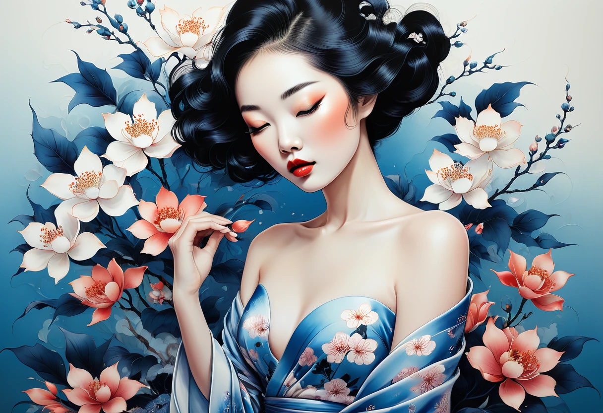 chiaroscuro technique on sensual illustration of an elegant Vietnamese  , retro and vintage ,silky flower around body, matte painting, by Hannah Dale, by Harumi Hironaka, extremely soft colors, vibrant, pastel, highly detailed, digital artwork, high contrast, dramatic, Blue and white porcelain