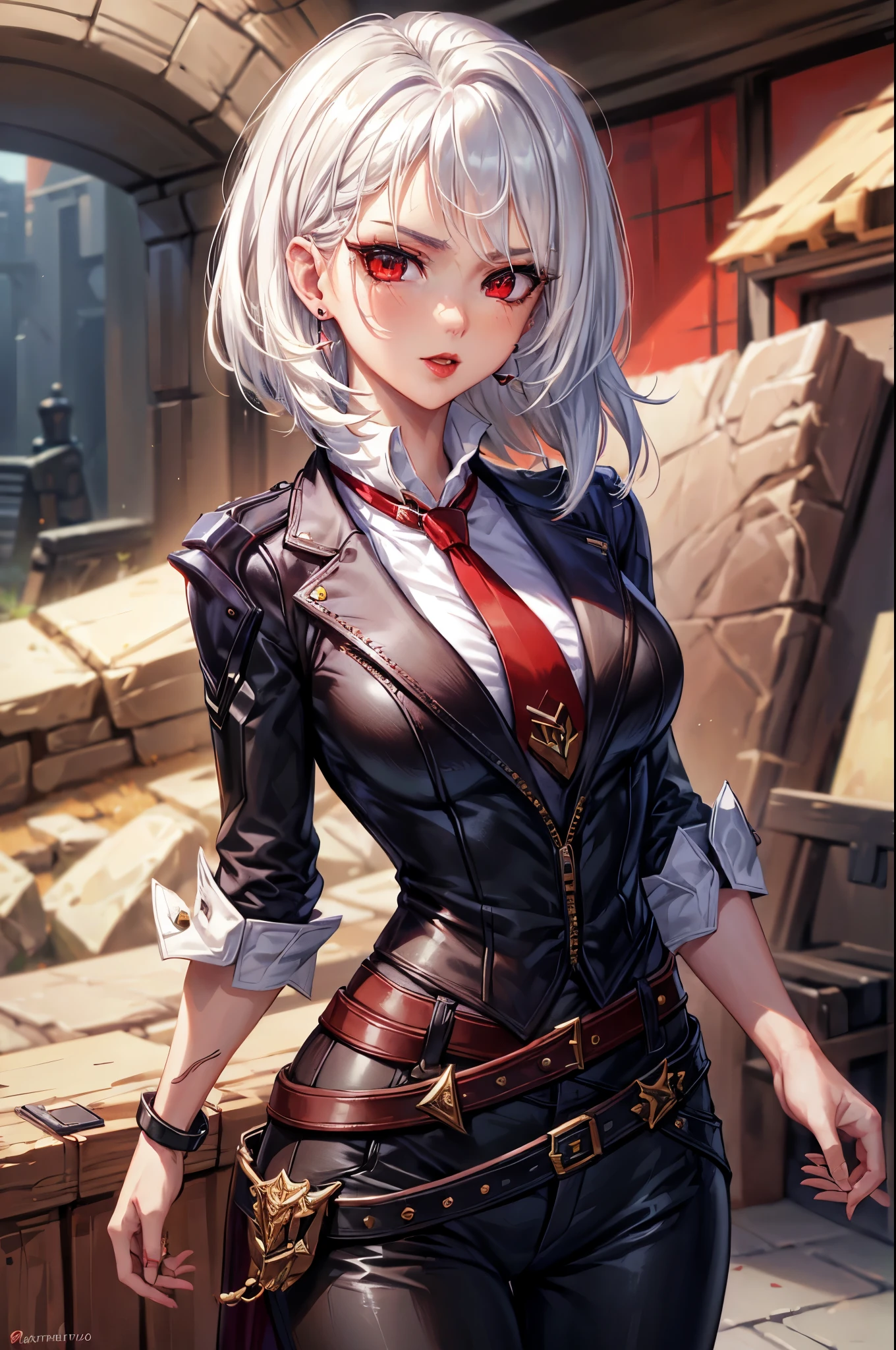 (masterpiece, best quality:1.2), expressive eyes, perfect face, highres, 1girl, solo, AsheOver, mole, earrings, red eyes, white hair,  medium hair, jewelry, makeup, lipstick, necktie, red necktie, thigh strap, black gloves, belt, stud earrings, red lips, shirt, pants, lips, eyeshadow, standing, upper body, looking at the viewer