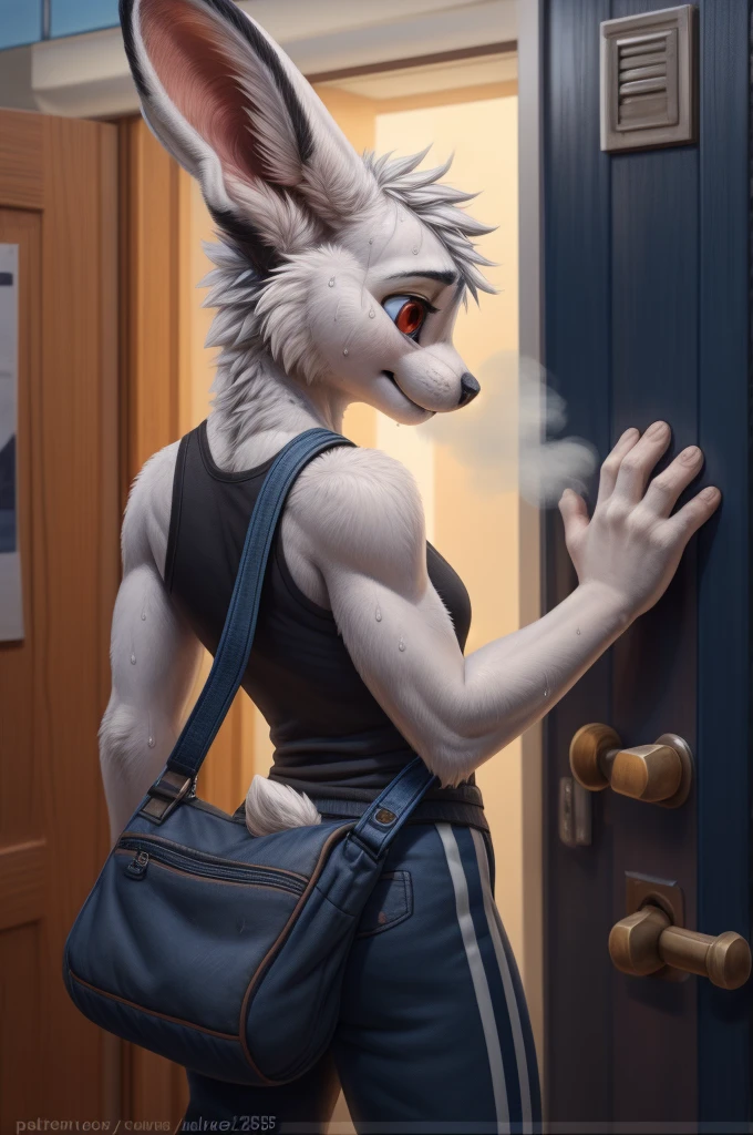 an anthro bunny is leaving next to a door, gym's exit door (body steam, (sweating), slim, cute), thin, female, 5 fingers anthro hands, wearing female tight tanktop and black tight, carries one trining bag, pov furry art, furry art, anthro art, red eyes, full white fur, anthropomorphic furry art, furry fantasy art, (sfw) safe for work, art of silverfox, furry body, furry character portrait, furry art!!!, anthro portrait, furry female, masterpiece anthro portrait, furry character, very accurate portrait, photorealistic oil painting. Very cute anthro hand,  by zaush, by f-r95, by pixelsketcher, female's anthro hands