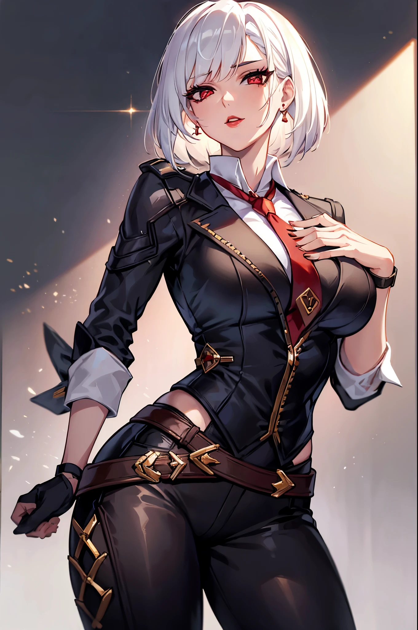 (masterpiece, best quality:1.2), expressive eyes, perfect face, highres, 1girl, solo, AsheOver, mole, earrings, red eyes, white hair,  medium hair, jewelry, makeup, lipstick, necktie, red necktie, thigh strap, black gloves, belt, stud earrings, red lips, shirt, pants, lips, eyeshadow, standing, upper body, looking at the viewer