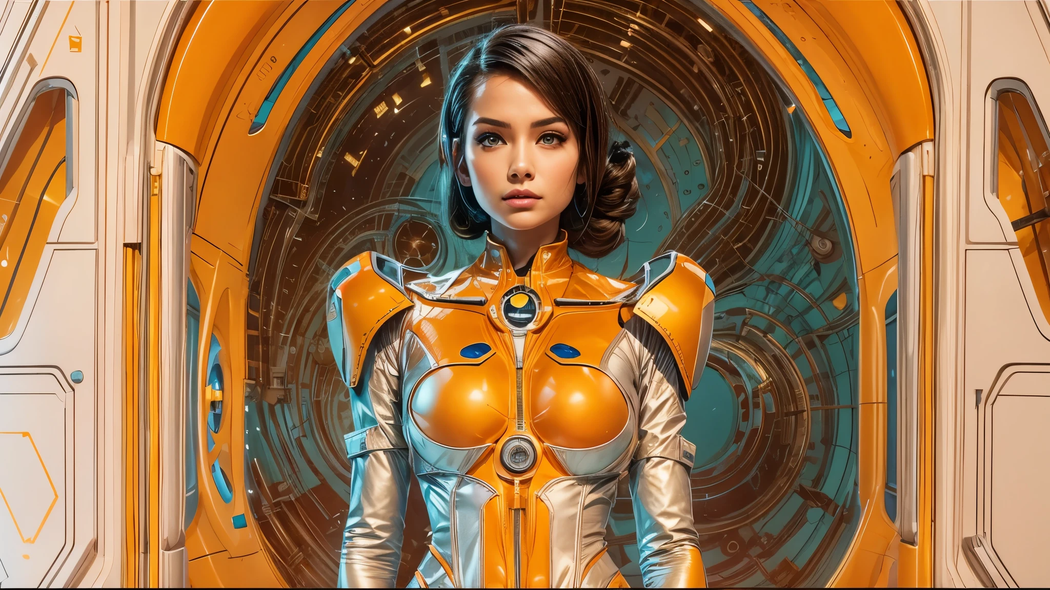 arafed image of a woman in a futuristic suit with a spaceship in the background, movie art, in front of an orange background, inspired by Robert McGinnis, female protagonist, megastructure in the background, portrait of an ai astronaut, astronauts, an astronaut, portrait of a astronaut skeletor, perfect android girl, frank franzzeta and sakimichan  