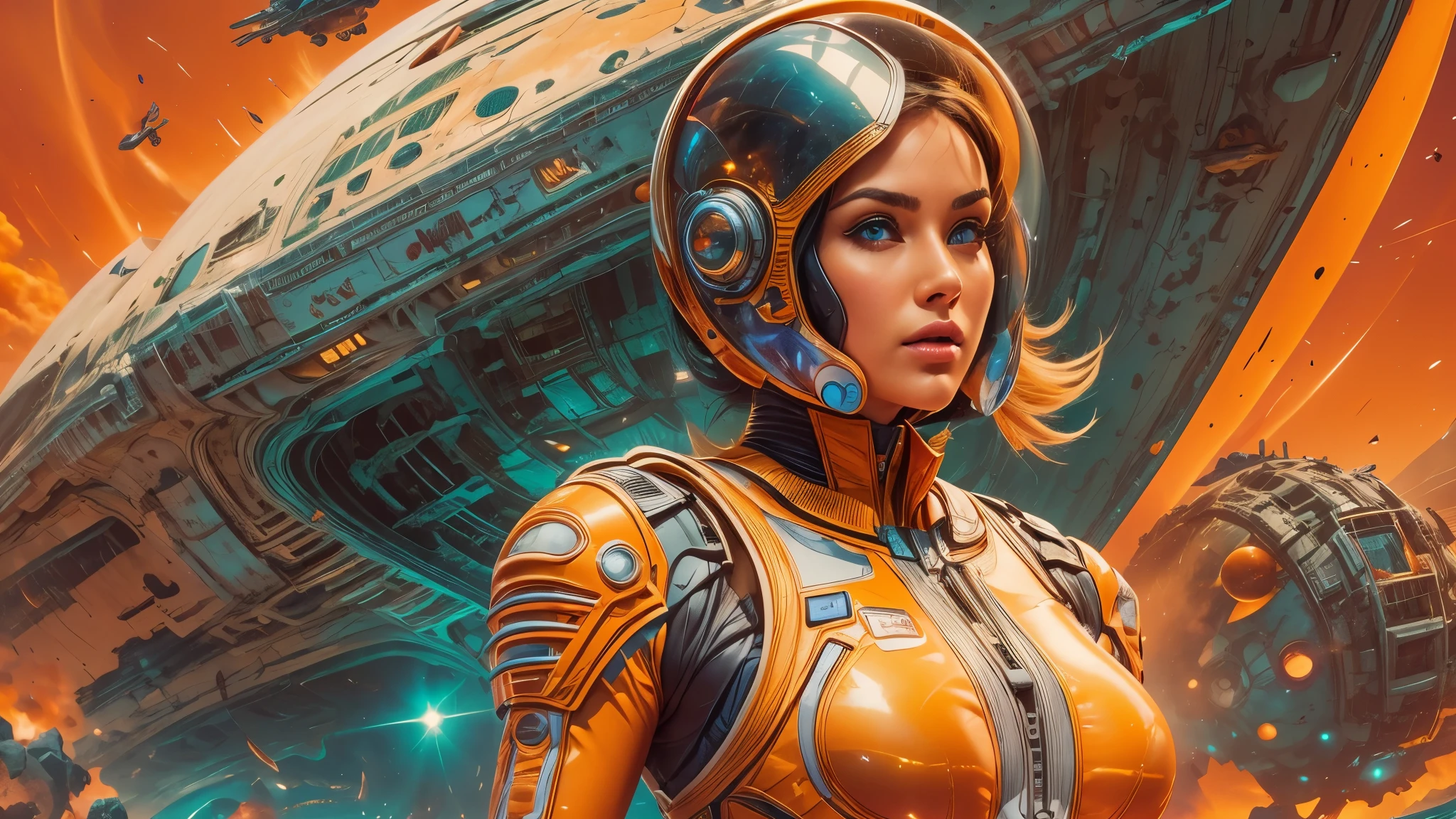 arafed image of a woman in a futuristic suit with a spaceship in the background, movie art, in front of an orange background, inspired by Robert McGinnis, female protagonist, megastructure in the background, portrait of an ai astronaut, astronauts, an astronaut, portrait of a astronaut skeletor, perfect android girl, frank franzzeta and sakimichan  