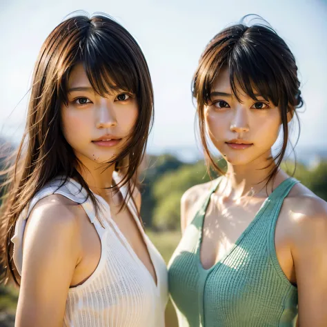 identical twin sisters、(highest quality, High resolution, masterpiece, realistic:1.2),(HDR, Bright colors),2 girls, Japanese, no...