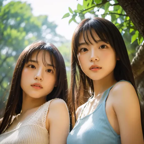identical twin sisters、(highest quality, High resolution, masterpiece, realistic:1.2),(HDR, Bright colors),2 girls, Japanese, no...