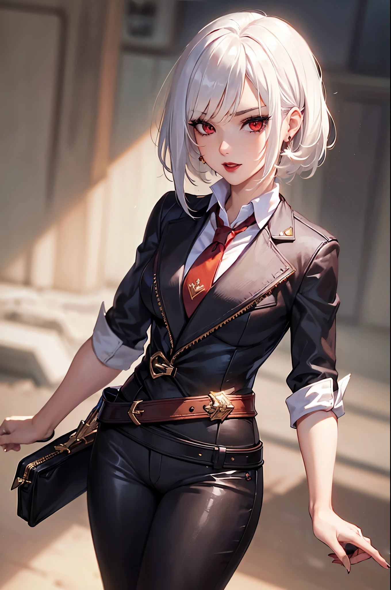 (masterpiece, best quality:1.2), expressive eyes, perfect face, highres, 1girl, solo, AsheOver, mole, earrings, red eyes, white hair,  medium hair, jewelry, makeup, lipstick, necktie, red necktie, thigh strap, black gloves, belt, stud earrings, red lips, shirt, pants, lips, eyeshadow, standing, upper body, looking at the viewer