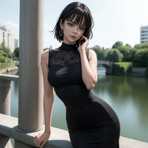 Masterpiece, best quality, detailed face, Fubuki, black hair, black dress, pelvic curtain, posing on a bridge, looking at viewer...