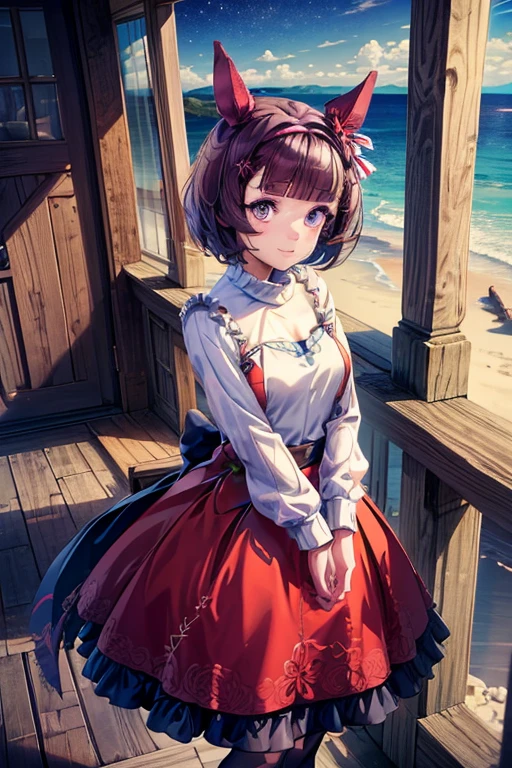 sksbrooke person, sksbrooke, (masterpiece:1.2), (best quality:1.2), nishino flower \(umamusume\), perfect eyes, perfect face, 1girl, solo, brown eyes, (medium breasts), perky breasts, seductive look, red sexy virgin killer sweater dress, porch, arms crossed