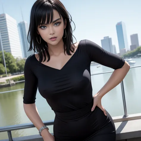 Masterpiece, best quality, detailed face, Fubuki, black hair, black dress, pelvic curtain, posing on a bridge, looking at viewer...