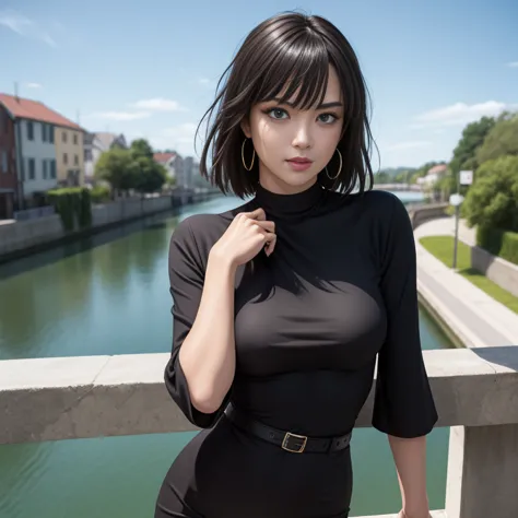 Masterpiece, best quality, detailed face, Fubuki, black hair, black dress, pelvic curtain, posing on a bridge, looking at viewer...