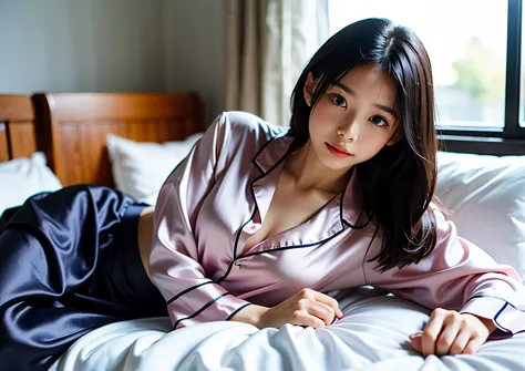 A girl wearing a silk pajamas skirt，Lying in bed