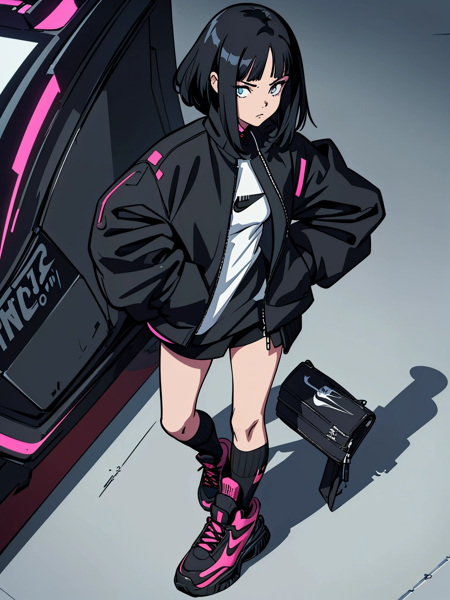 digital art drawing, illustration of (cyborg girl, wearing a black oversized jacket, nike sneakers, cyberpunk), anime drawing/art, bold linework, illustration, digital art, masterpiece, flat illustration, no shadows, black and white, 8k resolution, high detail, vector art, only anime