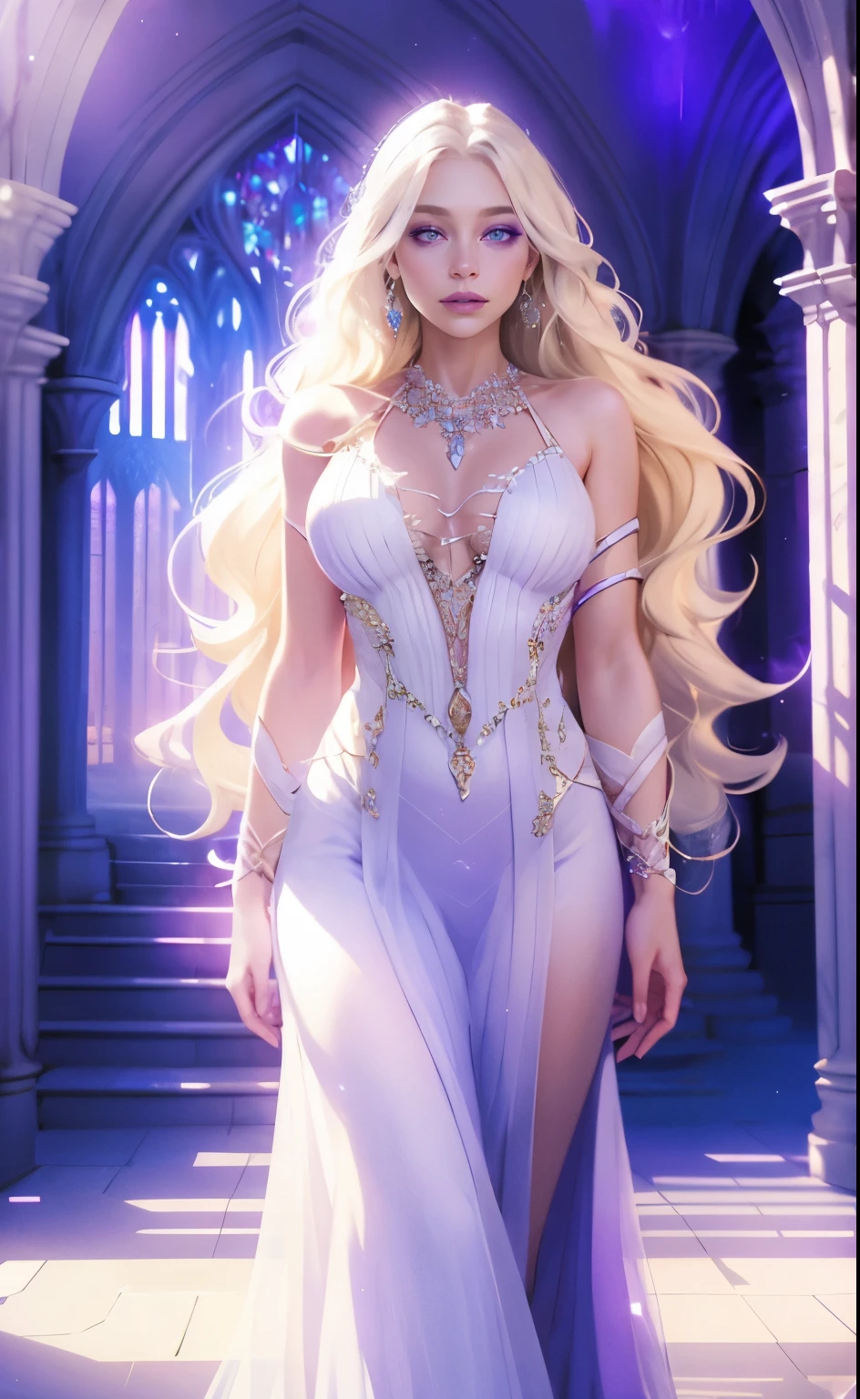Fantasy, girl, long pale blonde wavy hair, lilac eyes, in a white light fantasy dress, crystal jewelry, bright halls of the castle, hd