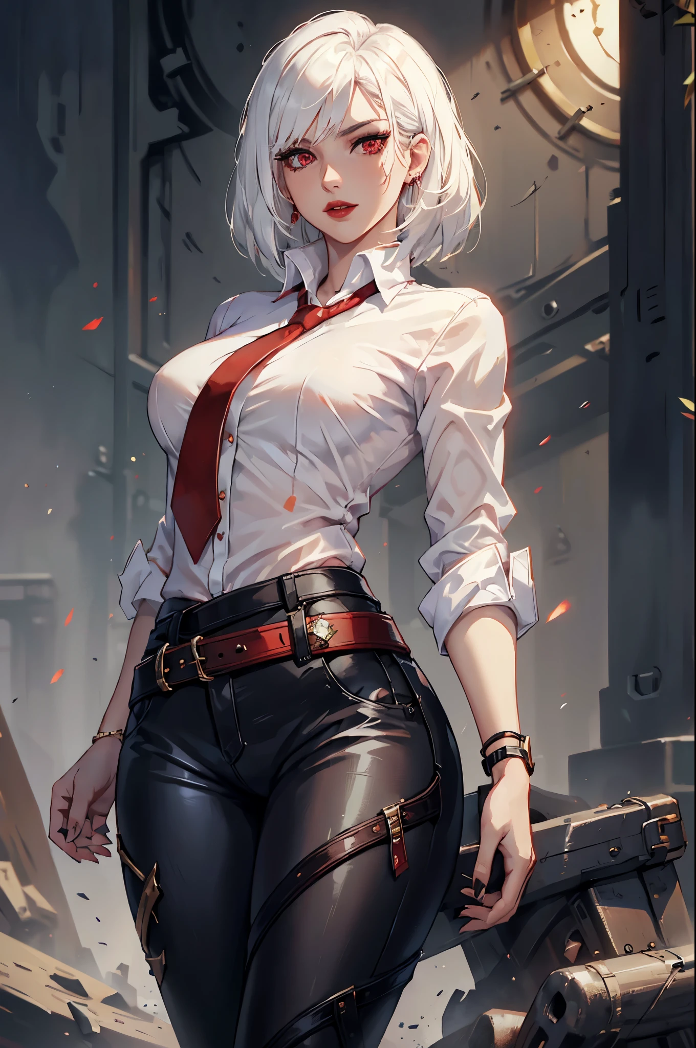 (masterpiece, best quality:1.2), expressive eyes, perfect face, highres, 1girl, solo, AsheOver, mole, earrings, red eyes, white hair,  medium hair, jewelry, makeup, lipstick, necktie, red necktie, thigh strap, black gloves, belt, stud earrings, red lips, shirt, pants, lips, eyeshadow, standing, upper body, looking at the viewer