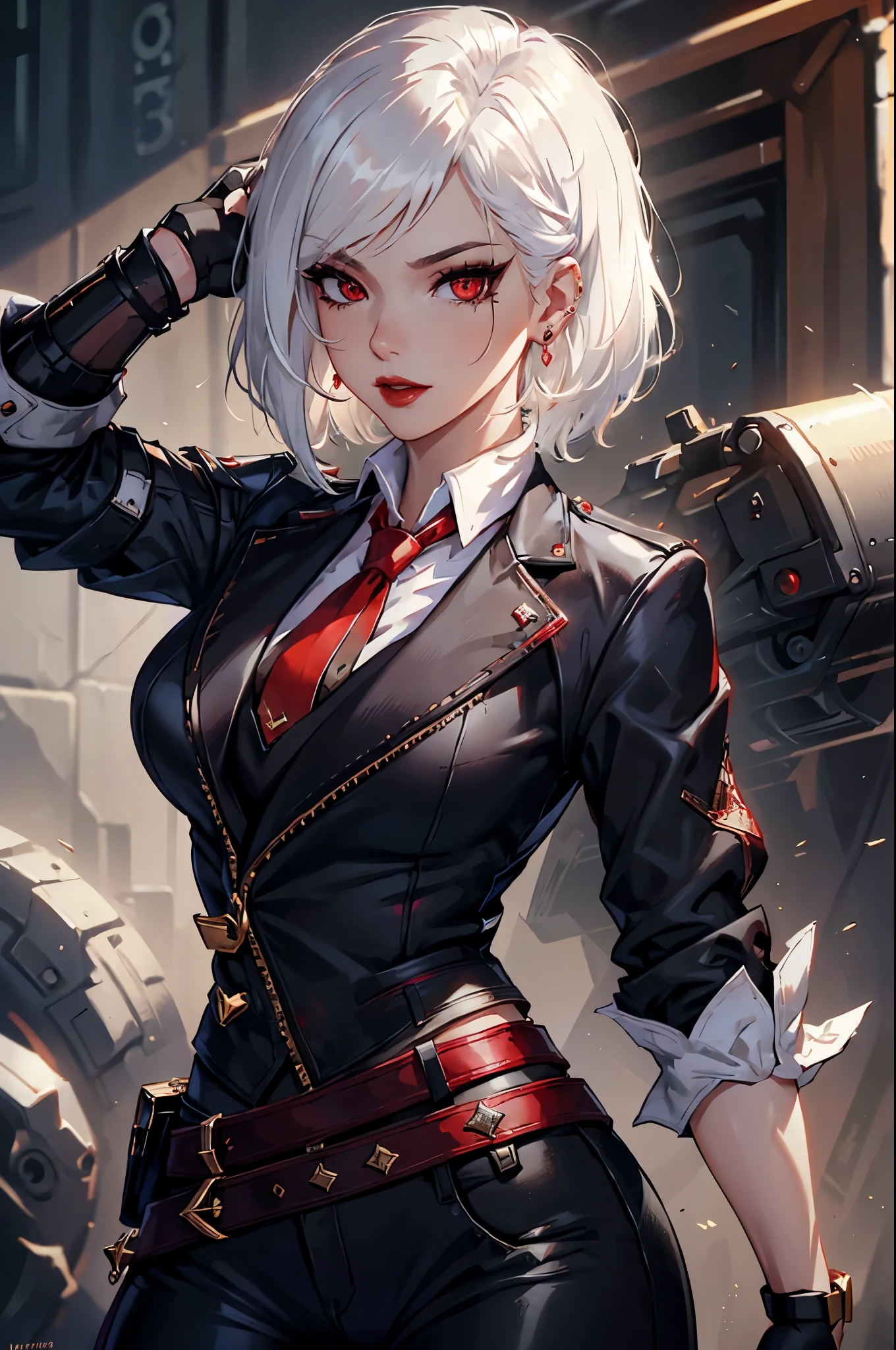 (masterpiece, best quality:1.2), expressive eyes, perfect face, highres, 1girl, solo, AsheOver, mole, earrings, red eyes, white hair,  medium hair, jewelry, makeup, lipstick, necktie, red necktie, thigh strap, black gloves, belt, stud earrings, red lips, shirt, pants, lips, eyeshadow, standing, upper body, looking at the viewer