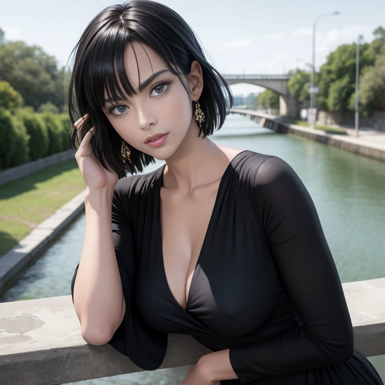 Masterpiece, best quality, detailed face, Fubuki, black hair, black dress, pelvic curtain, posing on a bridge, looking at viewer, neutral face, perfect hands