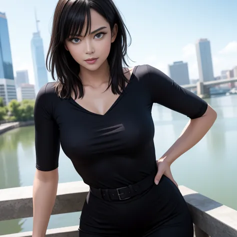 masterpiece, best quality, detailed face, fubuki, black hair, black dress, pelvic curtain, posing on a bridge, looking at viewer...