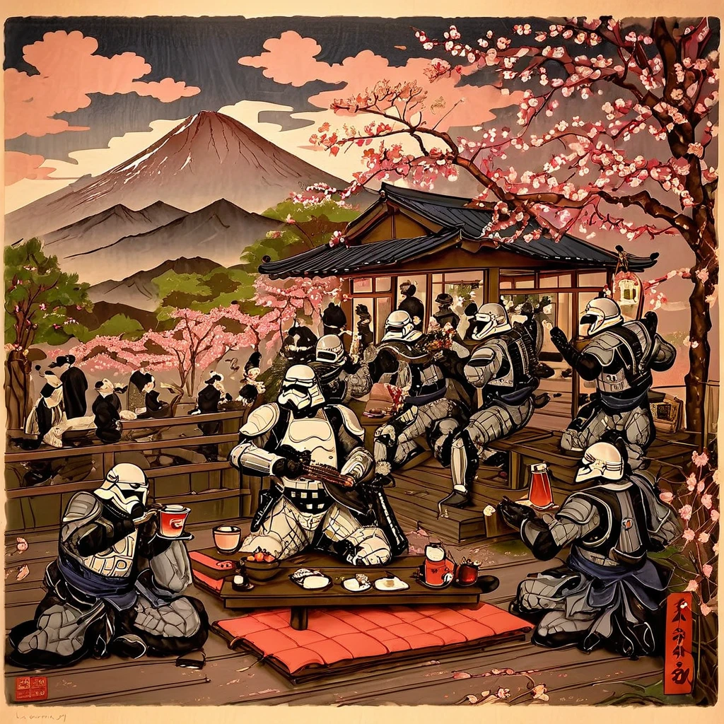 A photorealistic image in the style of a water-ink painting that captures the essence of Japanese Ukiyo-e art. The subject is a very small group of four stormtroopers relaxing at an onsen, some bathing, some drinking tea, against a backdrop of a wooden bathhouse, cherry blossoms and clouds over Mount Fuji. The paper should have an aged, vintage look to give a sense of historical depth. The color palette should be subdued, with low saturation to mimic the traditional Ukiyo-e style. The lines should be fluid and elegant. The atmosphere should be serene. 