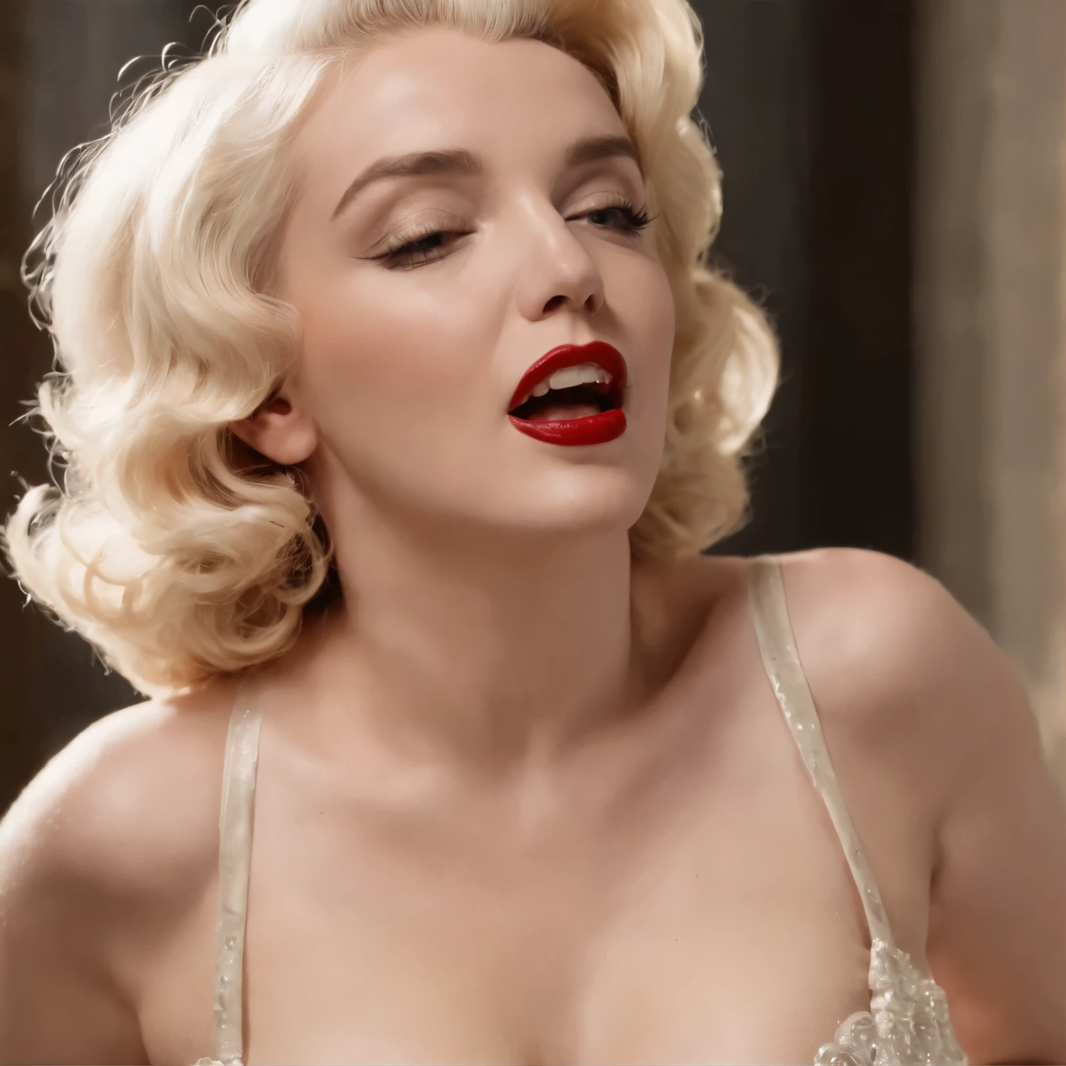 Marilyn monroe in a white dress with red lips and a red lip - SeaArt AI