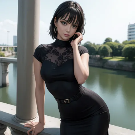 Masterpiece, best quality, detailed face, Fubuki, black hair, black dress, pelvic curtain, posing on a bridge, looking at viewer...
