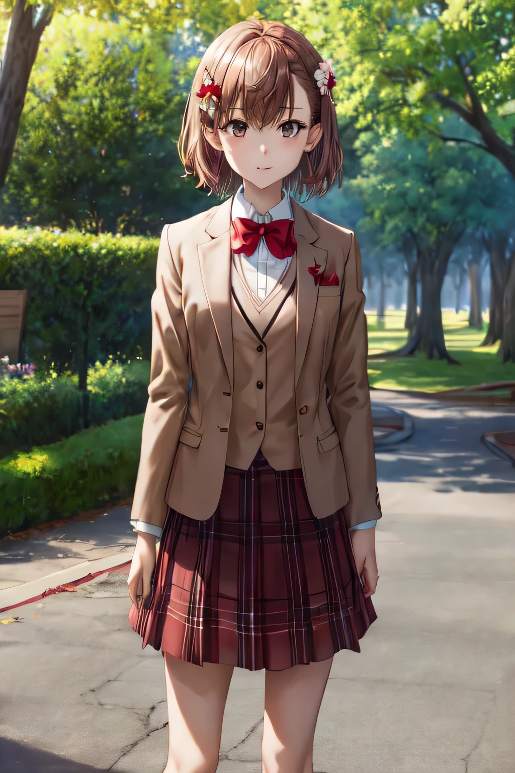 masterpiece, highest quality, High resolution, aamikoto, short hair, Hair Flowers, Red bow tie, blazer, Brown jacket, Long sleeve, Checked skirt, Are standing, Cowboy Shot, Outdoor