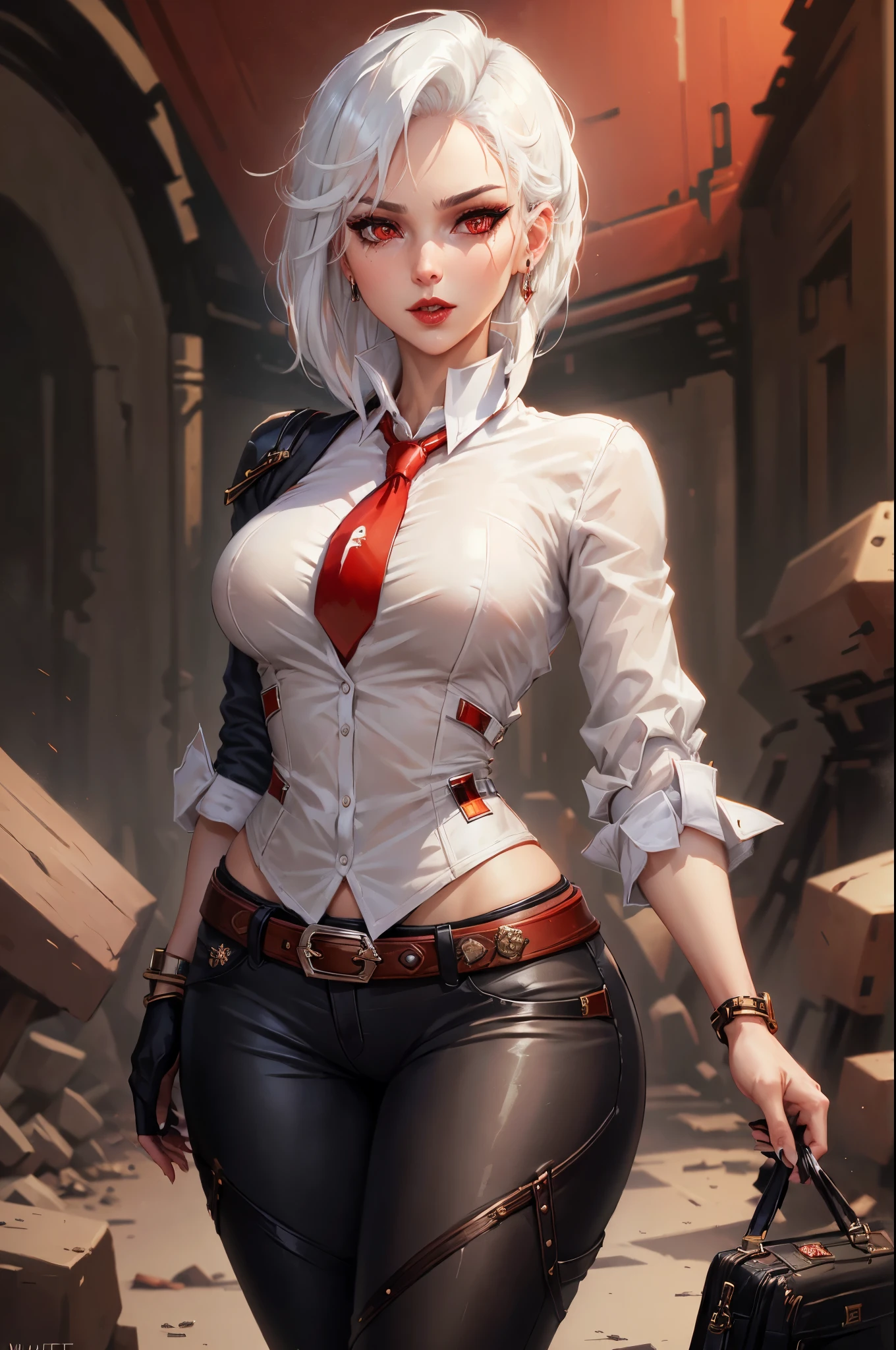 (masterpiece, best quality:1.2), expressive eyes, perfect face, highres, 1girl, solo, AsheOver, mole, earrings, red eyes, white hair,  medium hair, jewelry, makeup, lipstick, necktie, red necktie, thigh strap, black gloves, belt, stud earrings, red lips, shirt, pants, lips, eyeshadow, standing, upper body, looking at the viewer