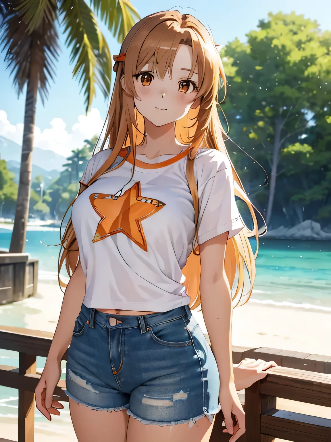 ((masterpiece)), ((highest quality)), (Very detailedな), ((cute)), cute, (Lovely), ((sexy)), (device), ((Very detailed)), 4K, (8k), highest quality, (beautiful), Anime Style, Upper Body, Thick outline, Clear contours, Full Body Focus, Beach, (((Asuna, star))), ((T-Shirts, Denim Ultra Shorts)), ((beautiful orange eyes)), big breasts, Shine, Shine