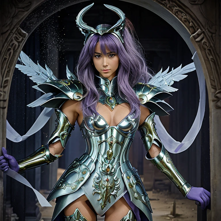 une femme, 25 ans, manga, cheveux longs, cheveux de couleur violette, armure d'or, dans le brouillard, feu follets, Ghosts, Highly detailed armor, gravures, armure du cancer, saint seiya, zodiaque, cosmos, cancer, chevalier du zodiaque, dans un temple de Grèce antique, graveyard, tombes ouvertes, dans la brume, topless, sexy