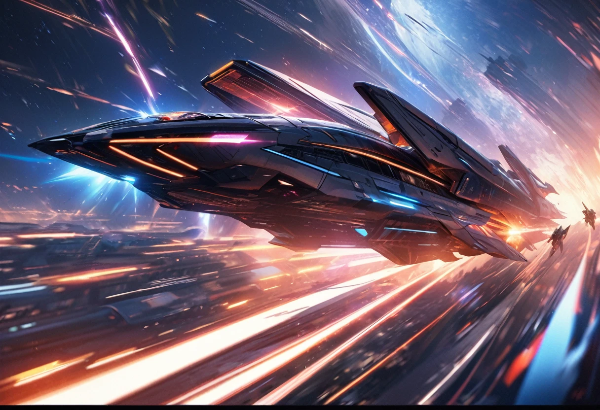 (best quality,4k,8k,highres,masterpiece:1.2),(motion blur:1.5), ultra-detailed,realistic, futuristic sky, vibrant colors, sci-fi style, shining engines, fast-paced action, dynamic composition, futuristic spaceship, interstellar travel, deep space, intense energy, starry background, streaks of light, blazing trails, sci-fi atmosphere, motion blur background, dynamic motion lines, thrilling adventure, epic journey, exhilarating speed, immersive experience, breathtaking scene, awe-inspiring visuals.