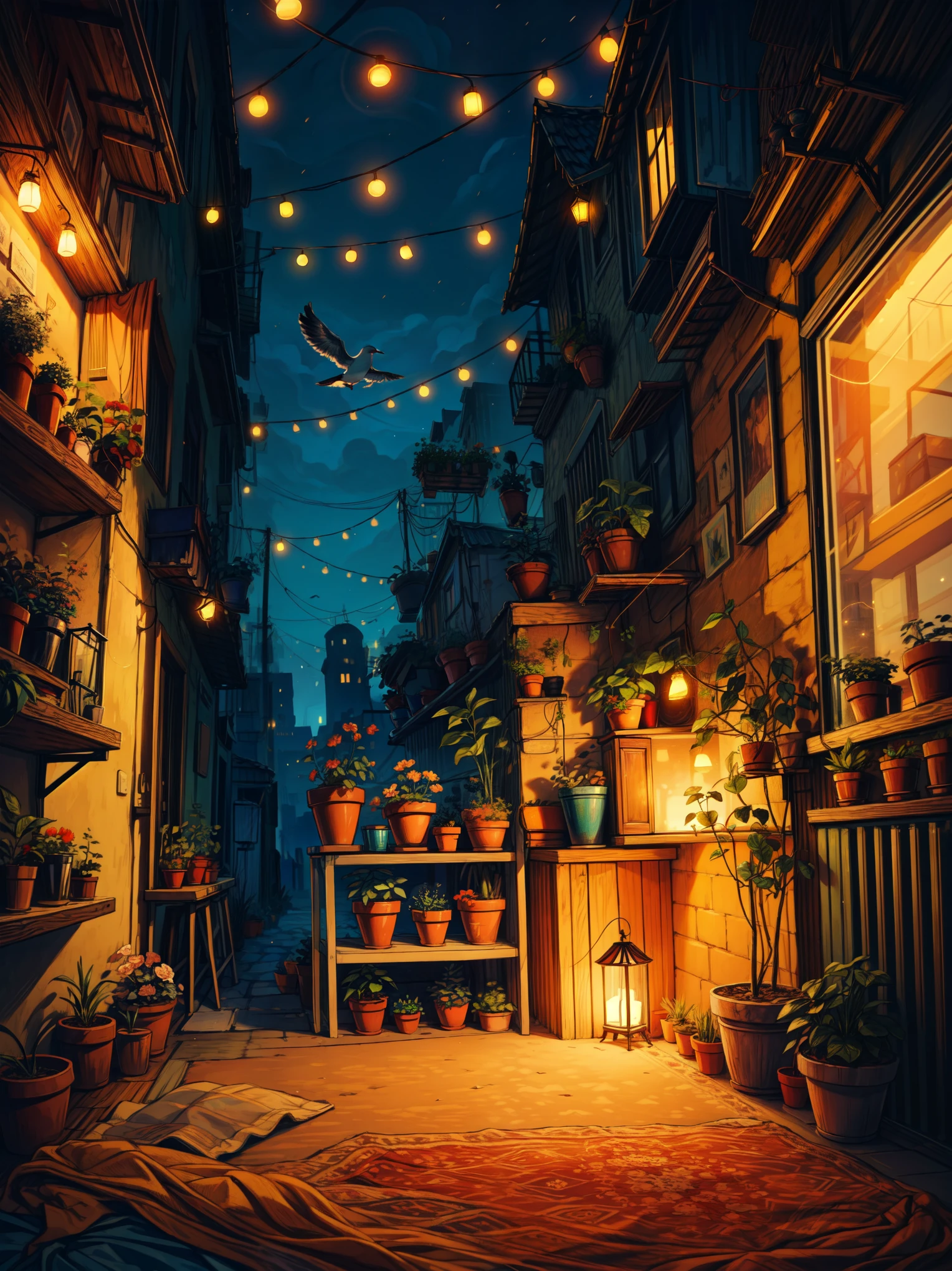 wide view, room gull of string lights, floor sitting, boho carpet, plant pots with flowers, gypsy aesthetics, modern city, big windows, eooden celing, decorations, cozy atmosphere, night time, micro landscape, intrinsic details