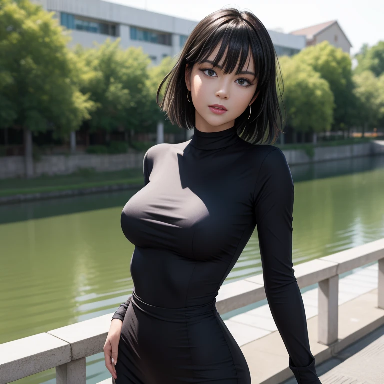 Masterpiece, best quality, detailed face, Fubuki, black hair, black dress, pelvic curtain, posing on a bridge, looking at viewer, neutral face