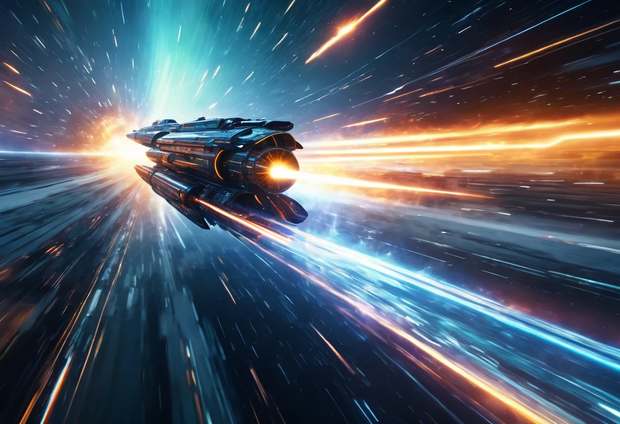 (best quality,4k,8k,highres,masterpiece:1.2),(motion blur:1.5), ultra-detailed,realistic, futuristic sky, vibrant colors, sci-fi style, shining engines, fast-paced action, dynamic composition, futuristic spaceship, interstellar travel, deep space, intense energy, starry background, streaks of light, blazing trails, sci-fi atmosphere, motion blur background, dynamic motion lines, thrilling adventure, epic journey, exhilarating speed, immersive experience, breathtaking scene, awe-inspiring visuals.