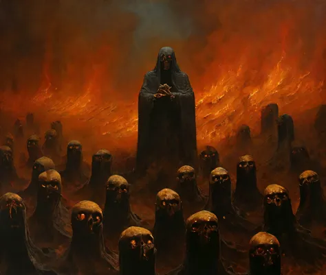 darkly themed painting of a horrific scene of demons dancing over the damned as they burn in the eternal fires of hell in the st...