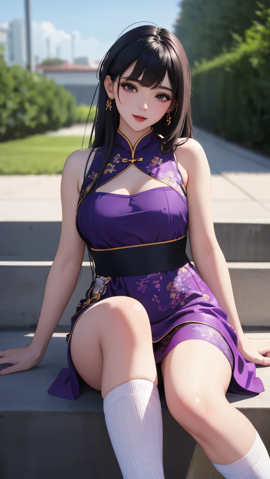 Super realistic 8k, cg, flawless, cute expressions, complex details. The 18-year-old girl is wearing a purple chiffon Chinese dress and long socks, with the best quality and realistic photos,