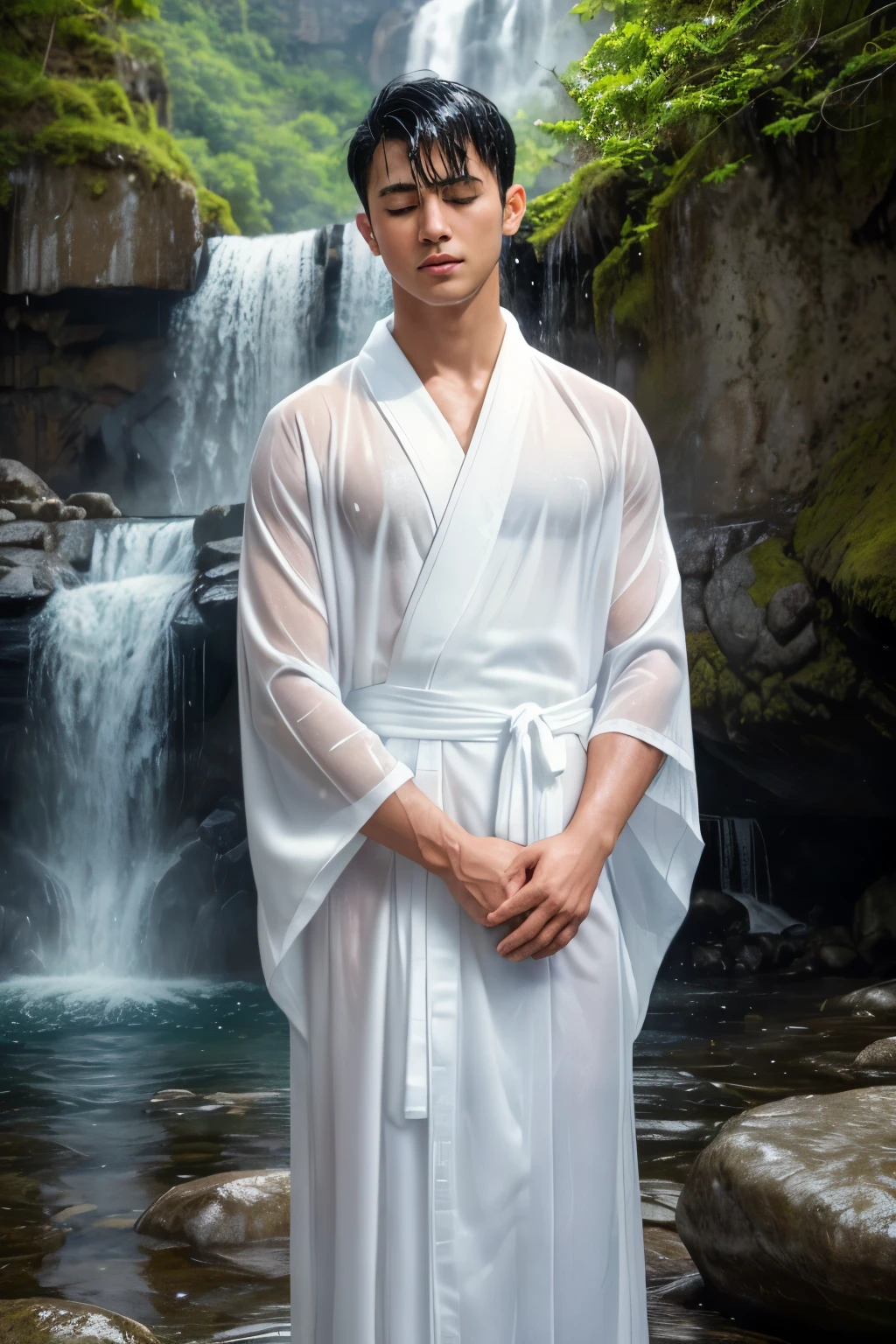 (1 Junge steht allein unter einem Wasserfall), wet, (Mit dem Gesicht nach unten), trägt einen weißen Kimono, der nass und durchsichtig ist (reines weißes Gewand:1.1), (Schwarzes Haar), (Augen leicht geschlossen:1.1), Hübsches Gesicht, detailliertes Gesicht, 18-jähriger Mann, (Meisterwerk beste Qualität:1.2) fotorealistisches Bild ultra-detailliert, (waterfall) draußen, heiliger Ort, Spritzen, Felsen, (Wasserfall funkelt im Sonnenlicht), detaillierter Hintergrund