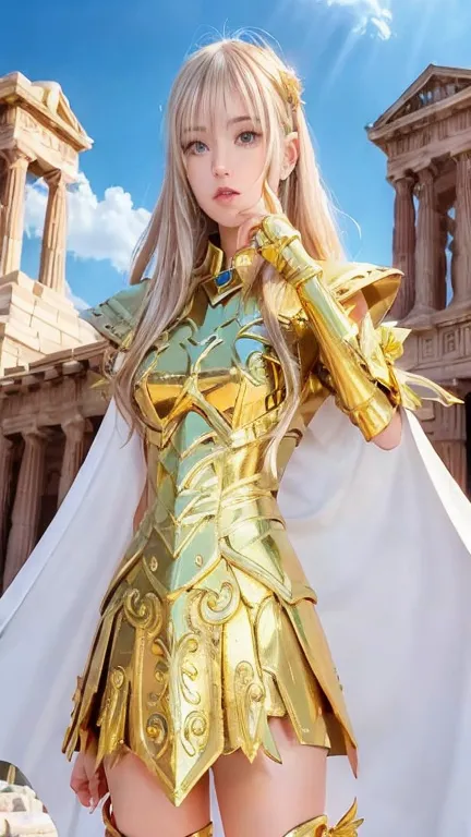 woman in golden costume posing in front of building, angelic golden armor, light golden armor, gorgeous role-playing, knight of ...